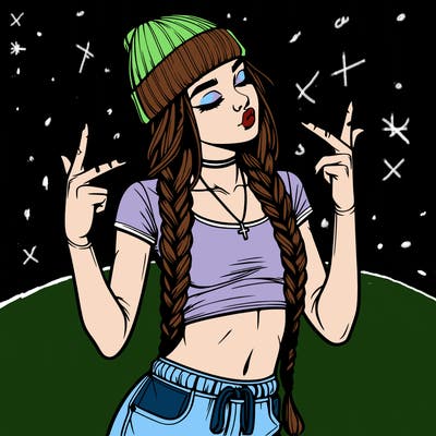 realistic teenage girl with braids and a beanie and crop top doing 🫶🏼