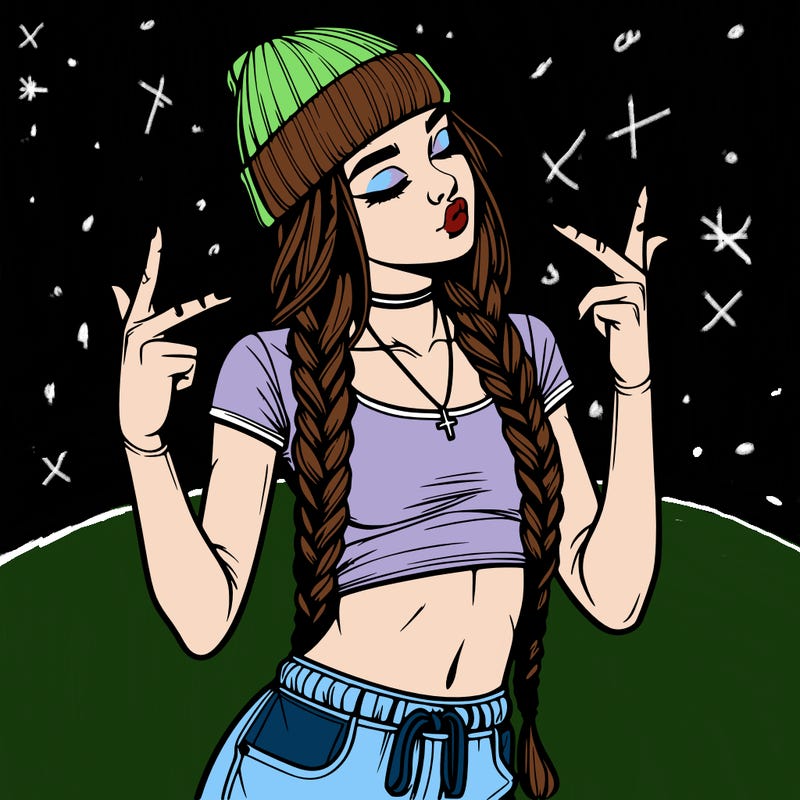 realistic teenage girl with braids and a beanie and crop top doing 🫶🏼