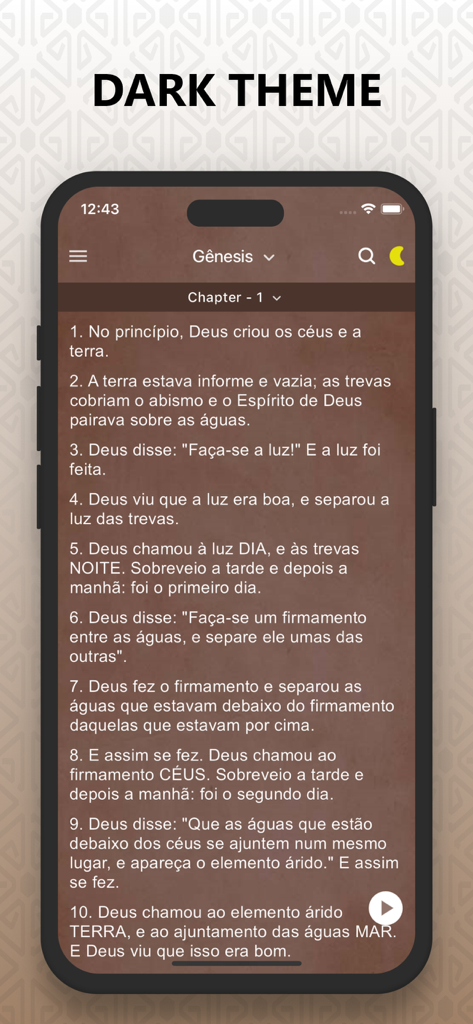 Bíblia Sagrada Ave Maria Pro - Interface do aplicativo Biblia Sagrada Ave Maria Pro mostrando o tema escuro para leitura