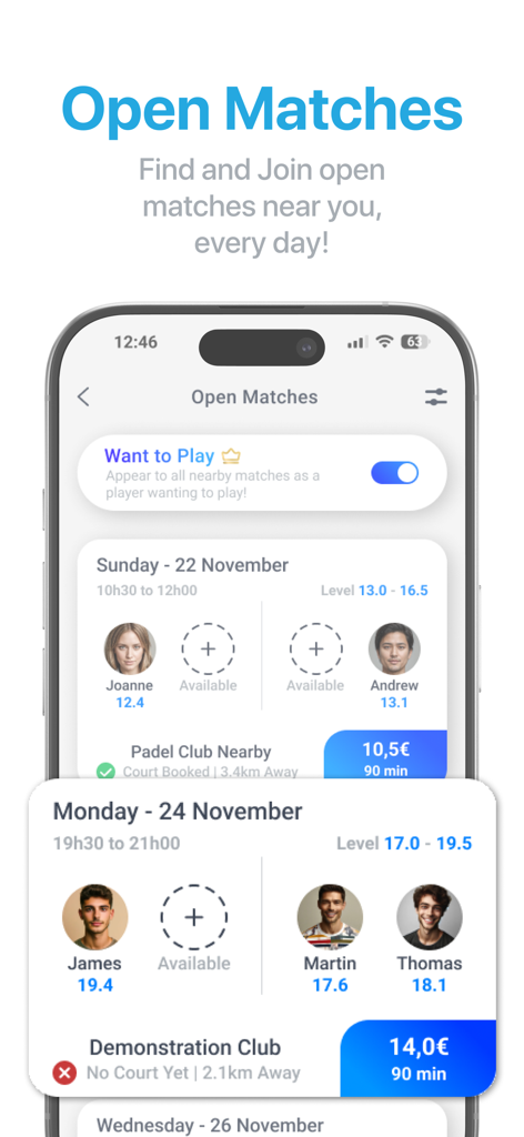 Schermata mobile dell'app TiePlayer che mostra un elenco di partite di tennis e padel aperte disponibili per gli utenti per unirsi
