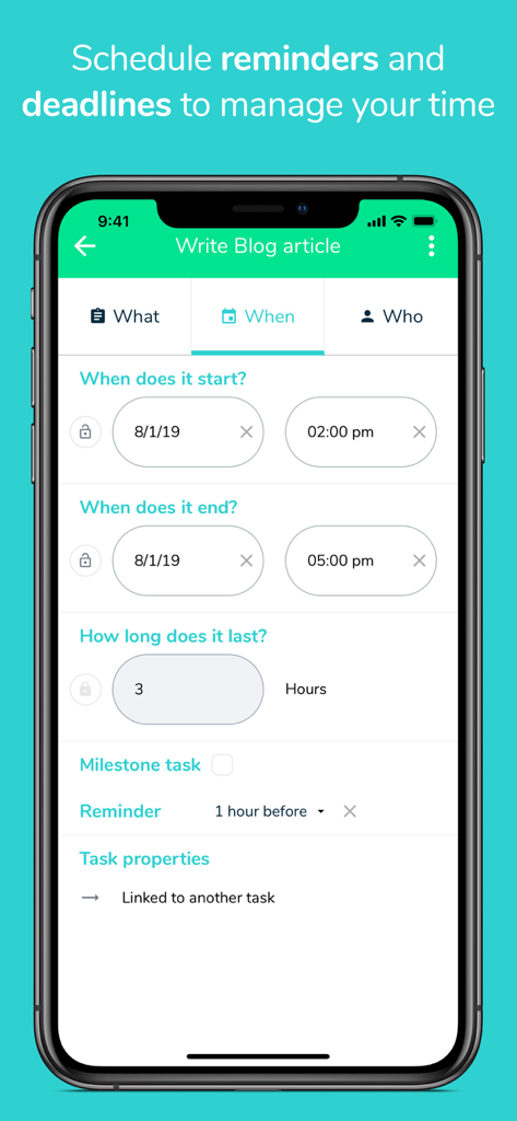 Interface of the Beesbusy app showing task scheduling options including start and end times and reminder settings.