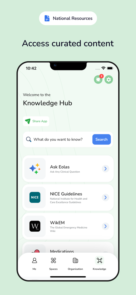 Écran du hub de connaissances Eolas Medical présentant une barre de recherche et des liens vers des directives cliniques comme NICE et WikEM
