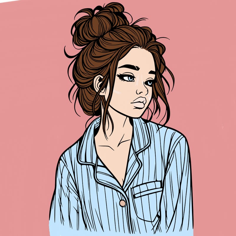 realistic woman with pajamas on and a messy bun