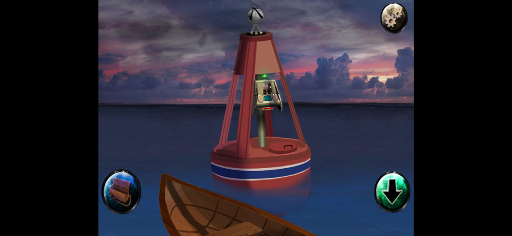 Una escena de aventura de point and click que presenta una boya marina en el océano al atardecer