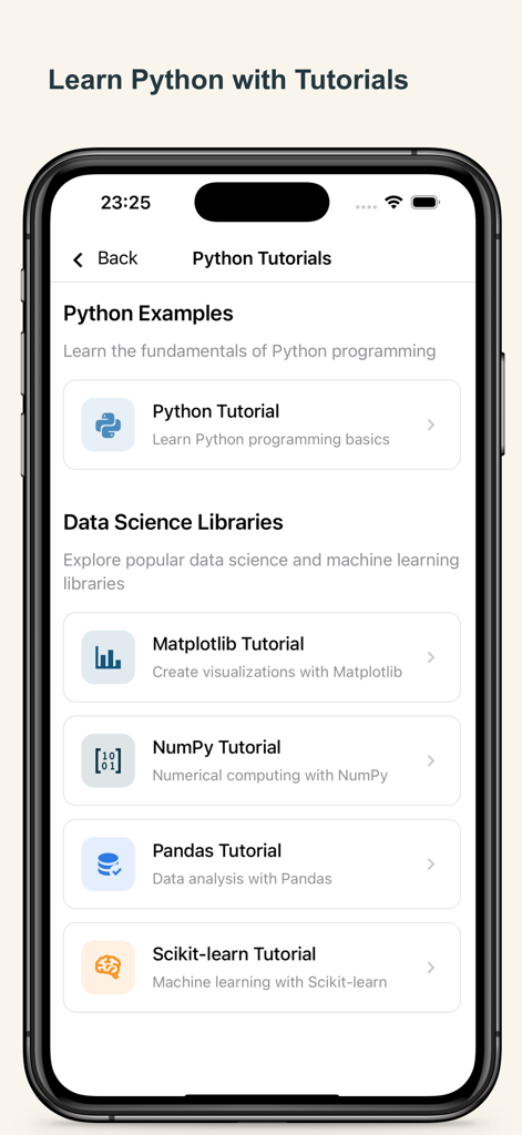 A mobile screen showing Python tutorials for fundamentals and data science libraries like Matplotlib, NumPy, Pandas, and Scikit-learn.