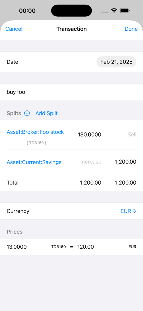 MyLedger: GnuCash Companion - Pantalla de la aplicación móvil que muestra una transacción de doble entrada dividida entre activos de acciones y cuentas de ahorro