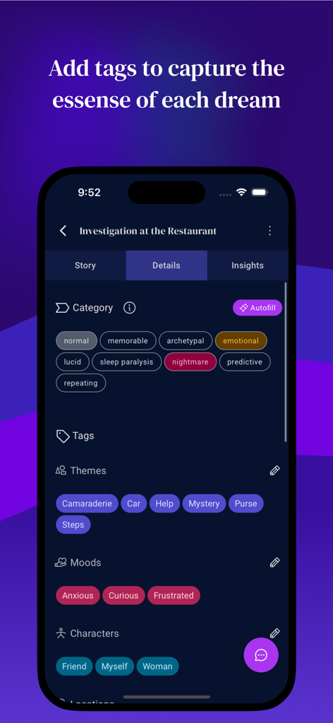 DreamMuse - DreamMuse mobile app interface showing categories themes moods and characters for a dream journal entry