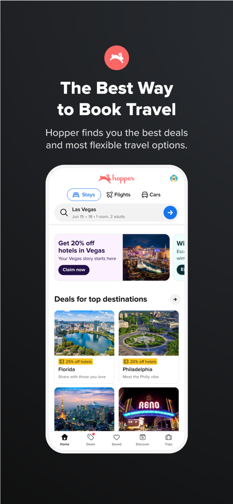 Hopper travel app home screen showing hotel and flight booking deals
