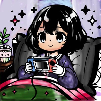 cute anime girl in bed playing nintendo