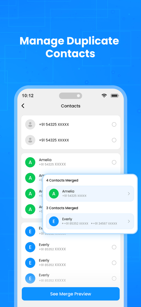AI Cleaner - Storage Cleanup - AI Cleaner app interface for managing and merging duplicate contacts