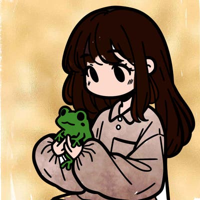 girl with long hair and a oversized shirt. and she is holding a frog