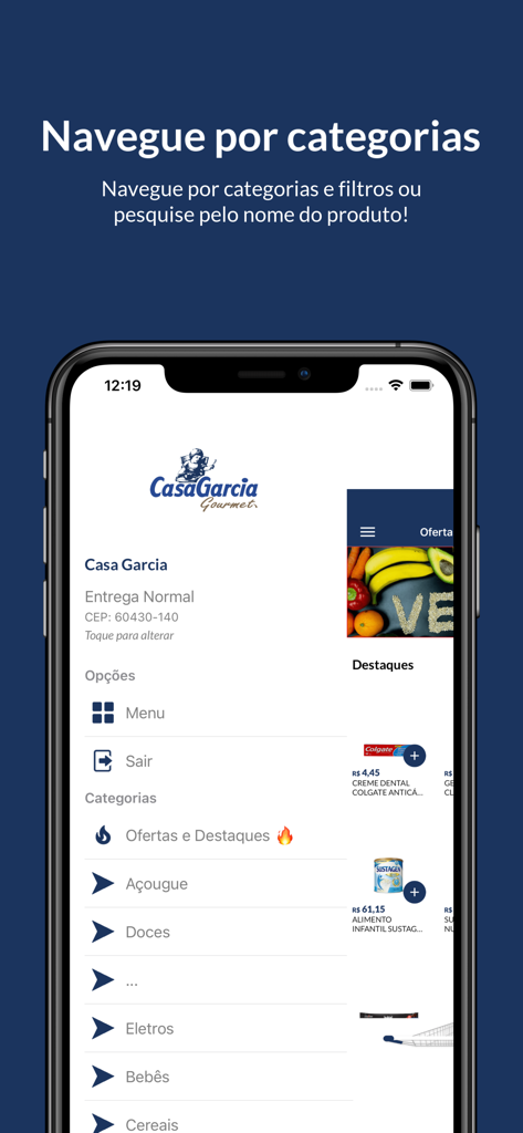 Casa Garcia Gourmet - Captura de tela do aplicativo Casa Garcia Gourmet mostrando o menu de navegação de categorias para compras de mercearia.