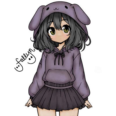 pretty anime girl wearing a fluffy hoodie with bunny ears on the hood and a skirt