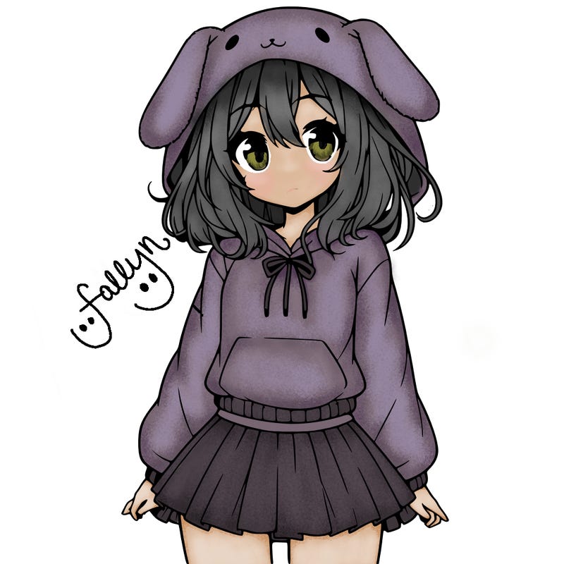 pretty anime girl wearing a fluffy hoodie with bunny ears on the hood and a skirt