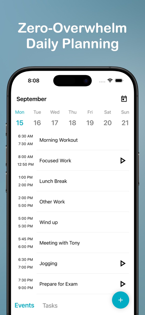 Engross: ADHD Focus Timer - Engross ADHD Focus Timer app interface showing a zero overwhelm daily planning schedule