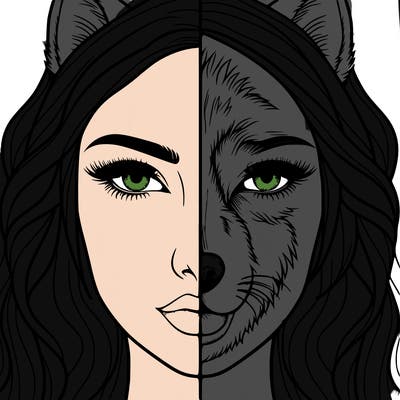 split face realistic woman and wolf