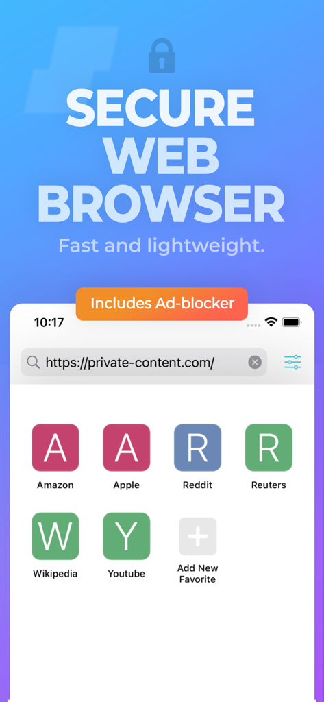 Safe Page mobile web browser interface showcasing its secure browsing environment with a built in ad blocker and quick access favorites