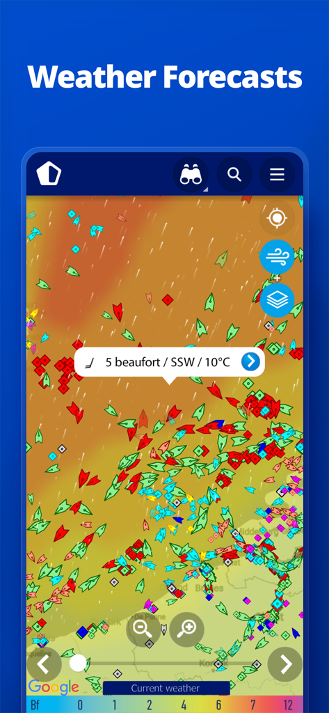 MarineTraffic - Ship Tracking - MarineTraffic app display showing ship positions and real-time marine weather forecast with wind and temperature data