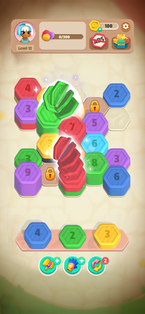 Hexa Stack: Color Sort Puzzle - A gameplay screenshot of Hexa Stack showing colorful hexagonal tiles being sorted and stacked on a puzzle board with Level 12 interface.