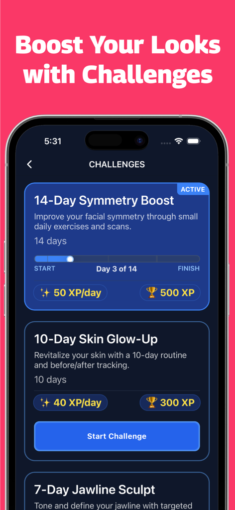 A mobile app interface showing various self-improvement challenges for facial symmetry skin glow-up and jawline sculpting with progress bars and XP rewards.
