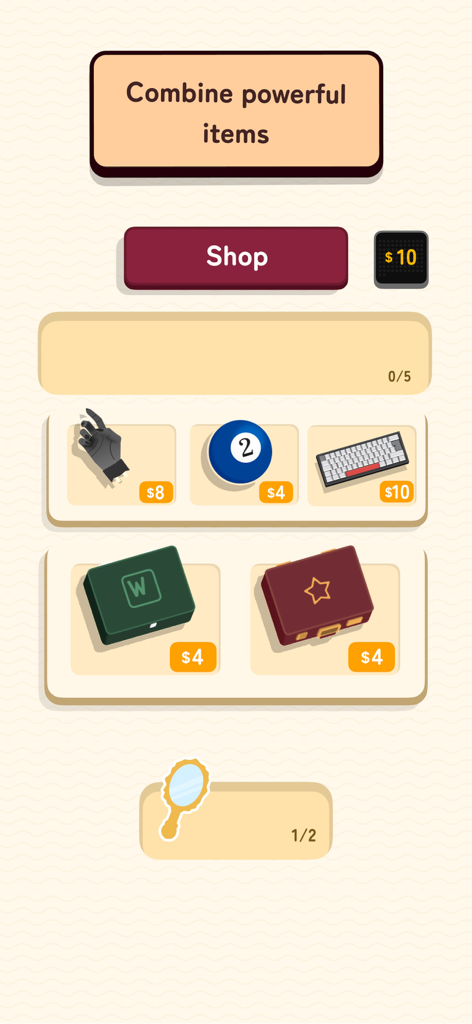 Wordlike - Word Roguelike - In-game shop screen in Wordlike showing various items called Knick Knacks available for purchase to boost word scores