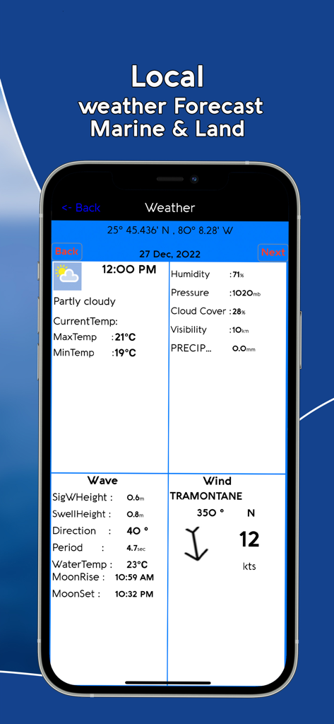 AIS Maps: Marine & Lake charts - スマートフォン画面。風と波のデータを含む詳細な海上・陸上天気予報が表示されています。