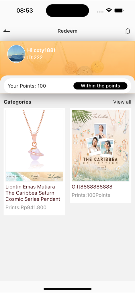 My Semar Nusantara app redeem screen showing available jewelry rewards and user membership points
