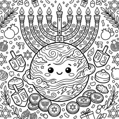 Embark on an out-of-this-world Hanukkah celebration with this unique coloring page! Featuring a cheerful planet Venus amidst traditional holiday symbols, it's perfect for teens seeking a creative festive activity.