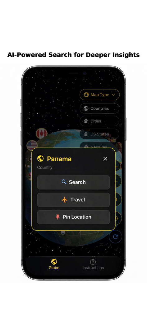 TrueGlobe - Aplicación TrueGlobe mostrando un menú de búsqueda y marcadores para Panamá en un globo terráqueo 3D