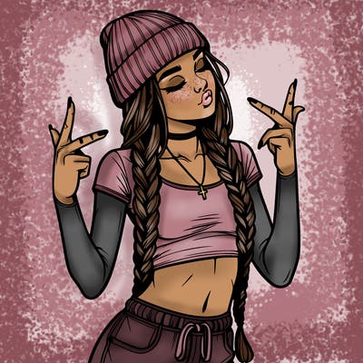 realistic teenage girl with braids and a beanie and crop top doing 🫶🏼