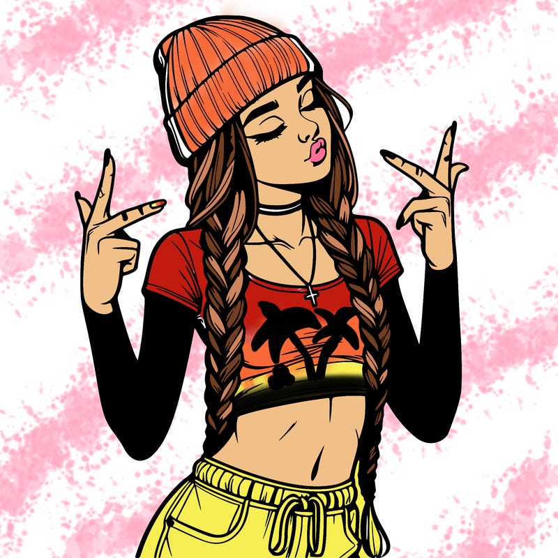 realistic teenage girl with braids and a beanie and crop top doing 🫶🏼