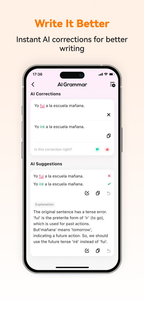 スペイン語の動詞時制のエラーに関する詳細な説明とともに、AI文法修正を示すSpanish Aiアプリのスクリーンショット。