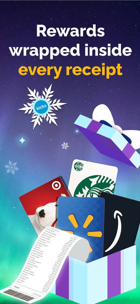 Shopkick: Rewards Sidekick - An open gift box containing retail gift cards and a grocery receipt with the text rewards wrapped inside every receipt
