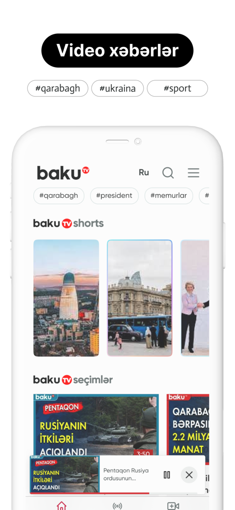 Baku.TV - Baku TV mobile app interface showing video news categories and short clips