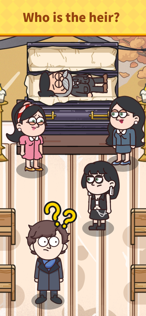 Un personaje detective mira a tres herederos potenciales y un ataúd en un acertijo lógico