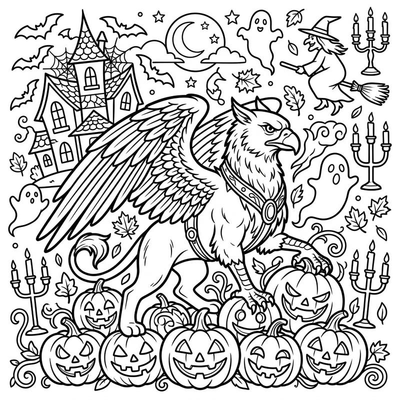 Embark on a mystical journey this Halloween with a stunning Shadow Griffin coloring page. This intricate design combines the majesty of a mythical creature with spooky holiday fun, perfect for all ages.