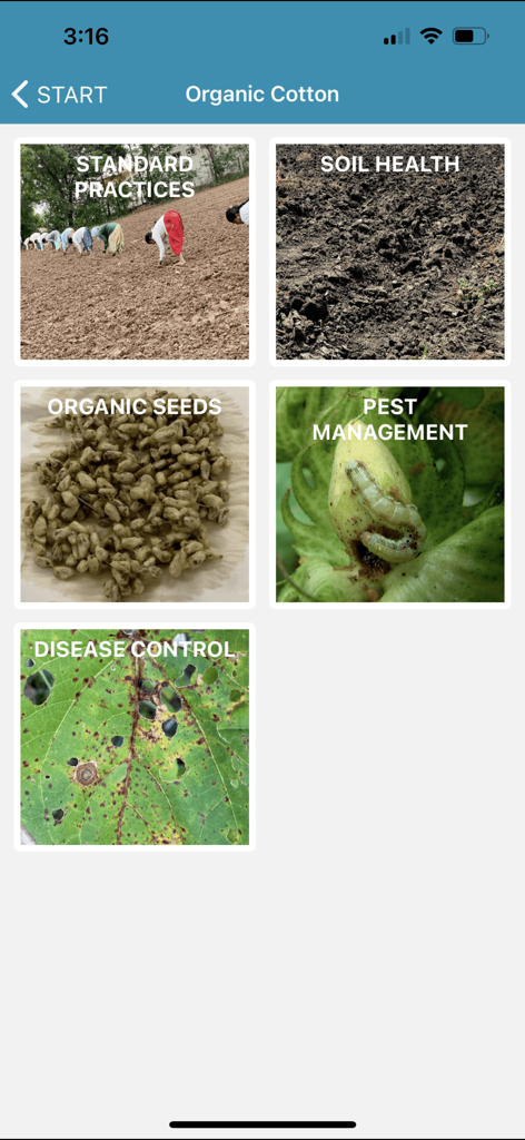 ICAC Cotton Expert - ICAC Cotton Expert app interface showing categories for organic cotton farming including soil health and pest management