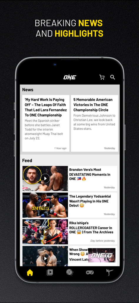 ONE Championship mobile app displaying breaking news and video highlights feed