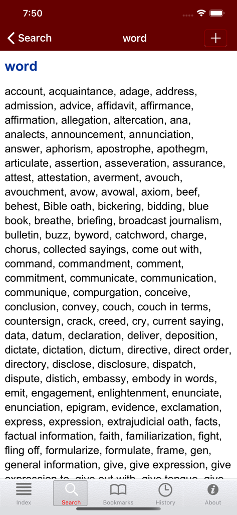 Roget's II: New Thesaurus - A comprehensive list of synonyms for the word word displayed in the Roget's II New Thesaurus app
