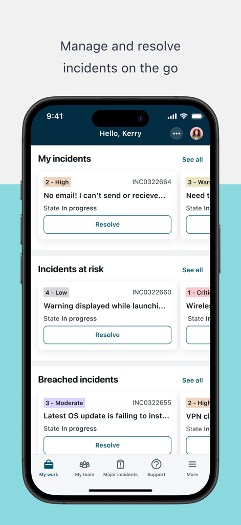 ServiceNow Agent mobile app dashboard showing prioritized incident lists and resolve buttons