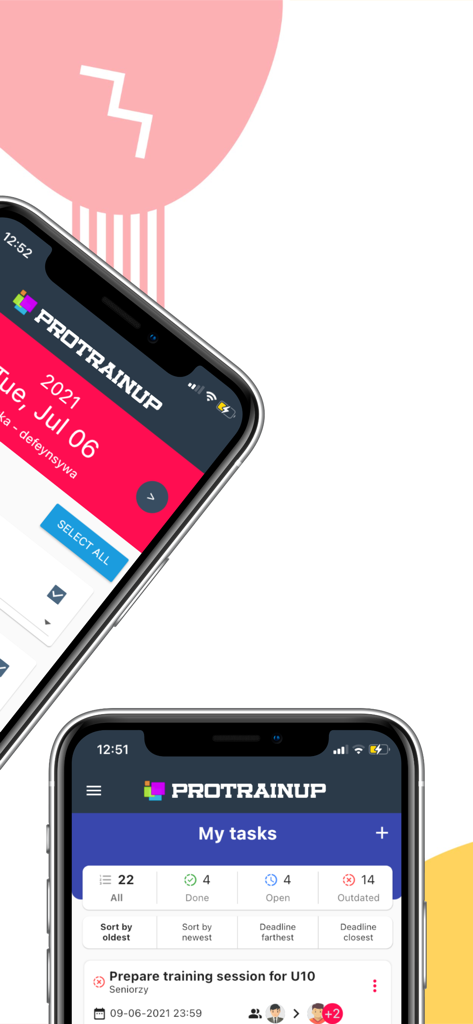 ProTrainUp - ProTrainUp app dashboard displaying task lists and training session schedules for sports coaches