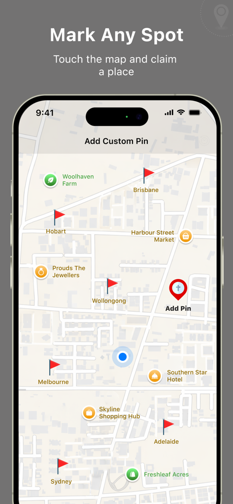 Map view in IP Location Changer app showing various location pins and the option to mark any spot.