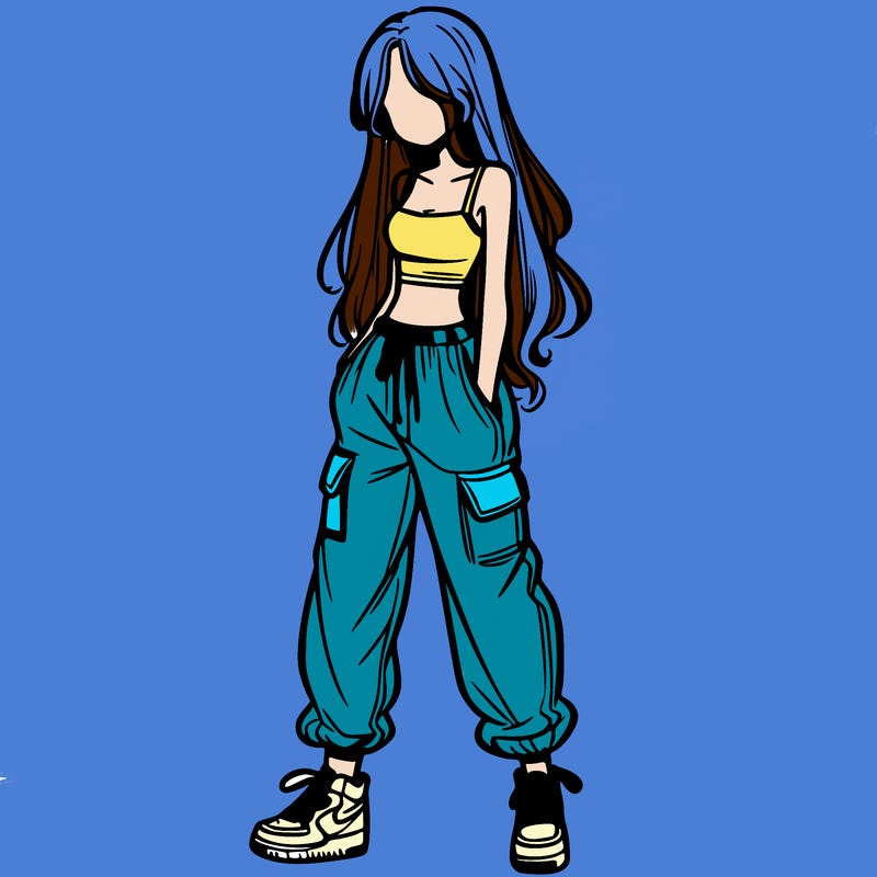 girl in baggy pants crop top and long hair