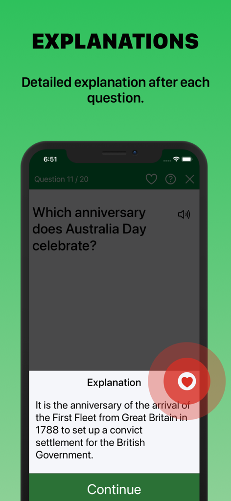 Australian citizenship test app showing a practice question and its detailed explanation