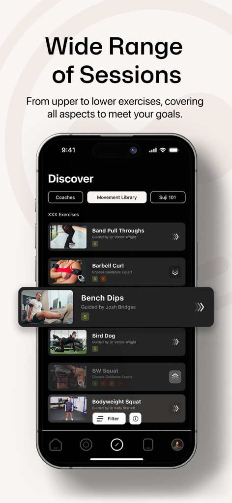 Suji app movement library screen displaying a wide range of upper and lower body exercises guided by professional coaches