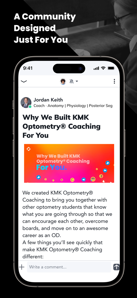 KMK Optometry Coaching - KMK Optometry Coaching mobile app interface showing a community post about support for optometry board exam students