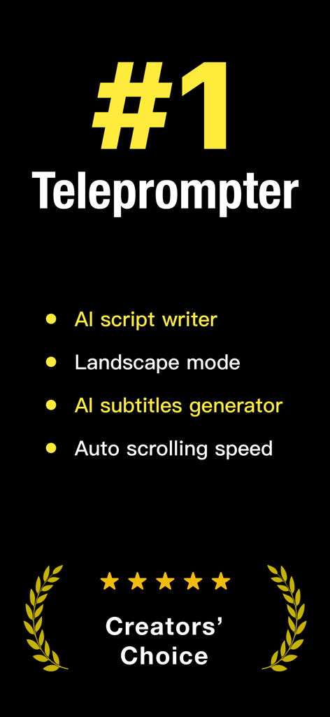 Teleprompter: Video Recording - Banner promocional de la aplicación Teleprompter destacando el guionista de IA, el generador de subtítulos de IA y el premio Creators Choice