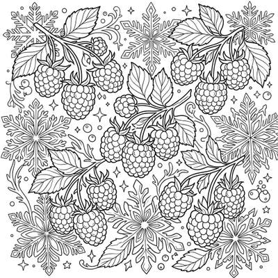 Discover the unique beauty of winter with this enchanting coloring page, blending delicate raspberries with a flurry of intricate snowflakes. It's a perfect artistic escape for anyone looking to add a touch of frosty charm to their coloring collection.
