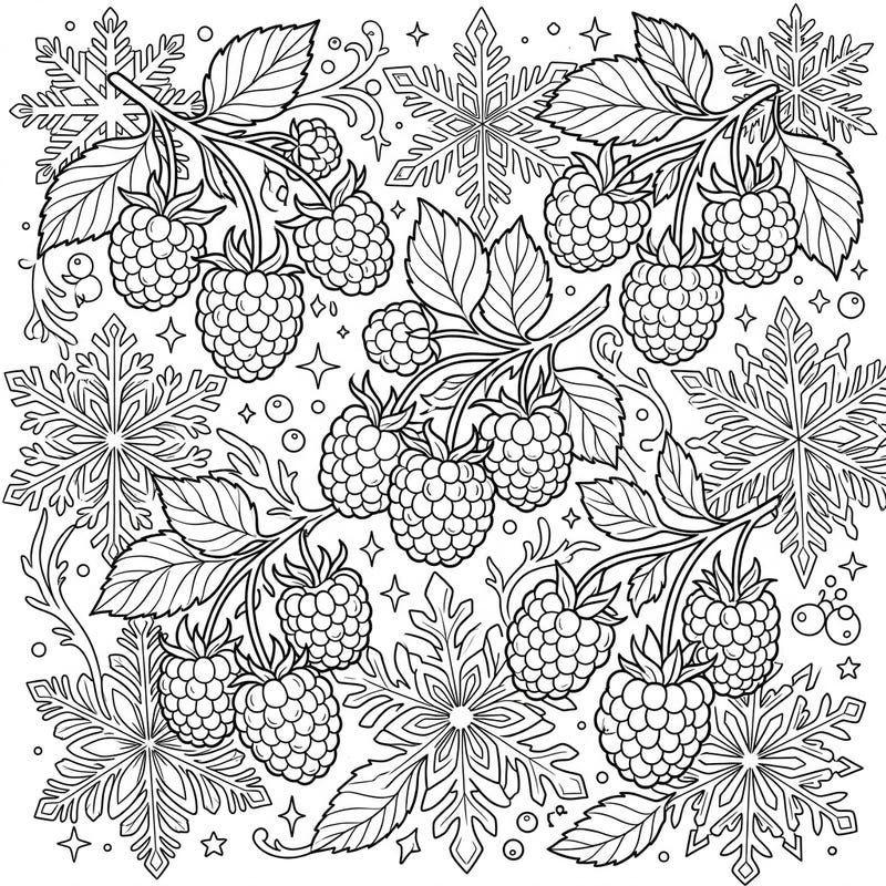 Discover the unique beauty of winter with this enchanting coloring page, blending delicate raspberries with a flurry of intricate snowflakes. It's a perfect artistic escape for anyone looking to add a touch of frosty charm to their coloring collection.