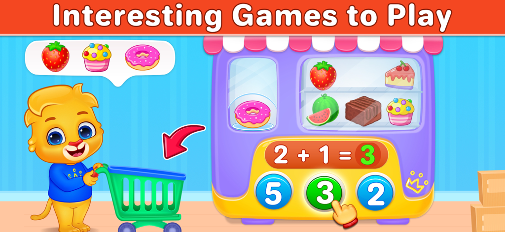 Math Kids - Add,Subtract,Count - Screenshot dell'app Math Kids che mostra un puzzle di addizione interattivo con un simpatico personaggio leone.